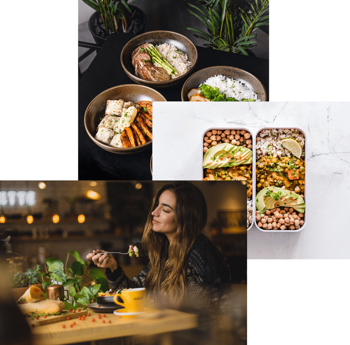 Woman Enjoying Food, meals in storage container and food bowls on a table